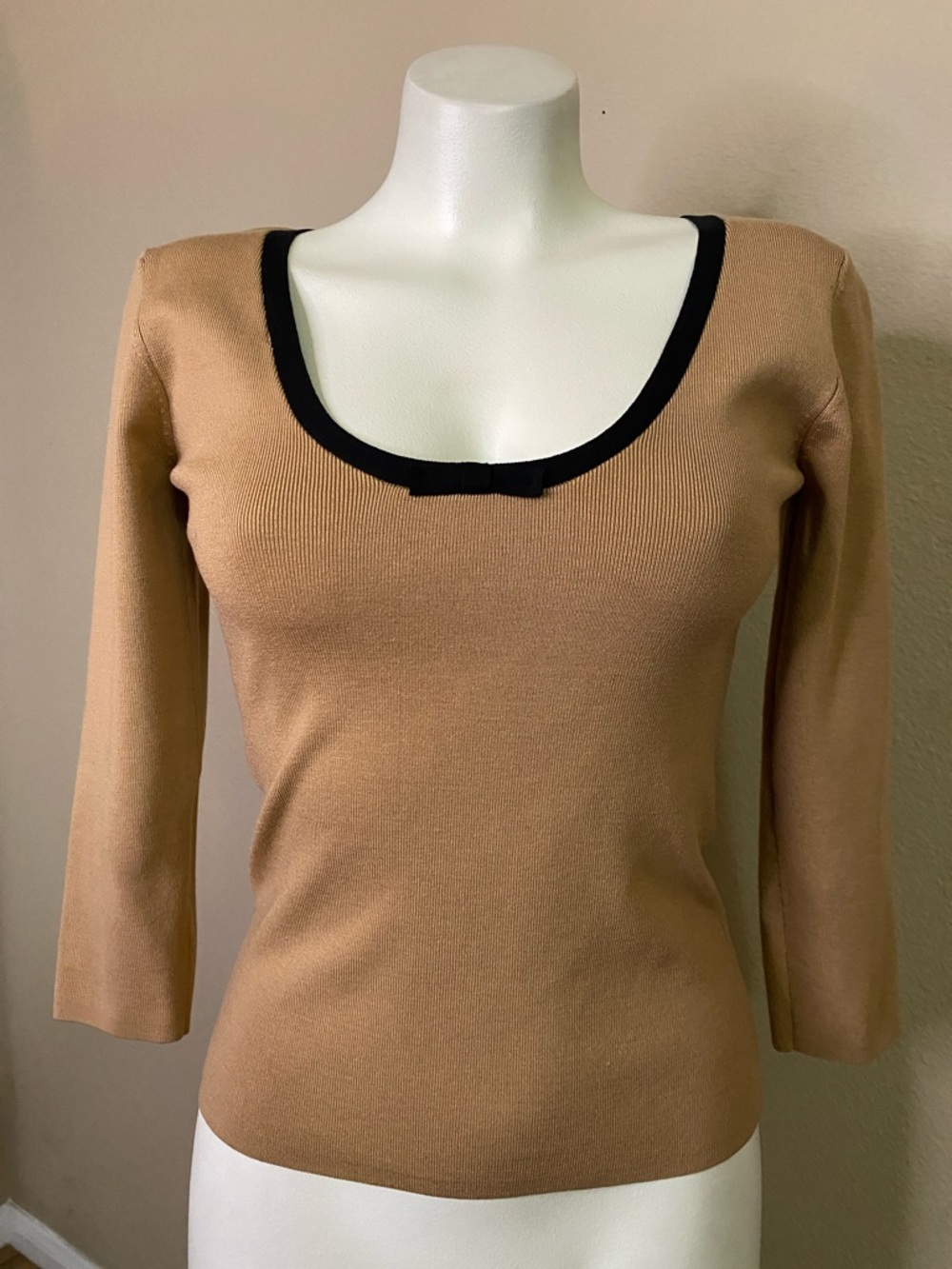 U-KNIT caramel silk blend knit retro look bow neck rockabilly sweater top S 💙